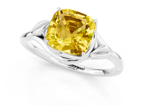 White gold Cushion Cut Yellow Sapphire Solitaire Ring with Twist Band and Four-Prong Setting_13