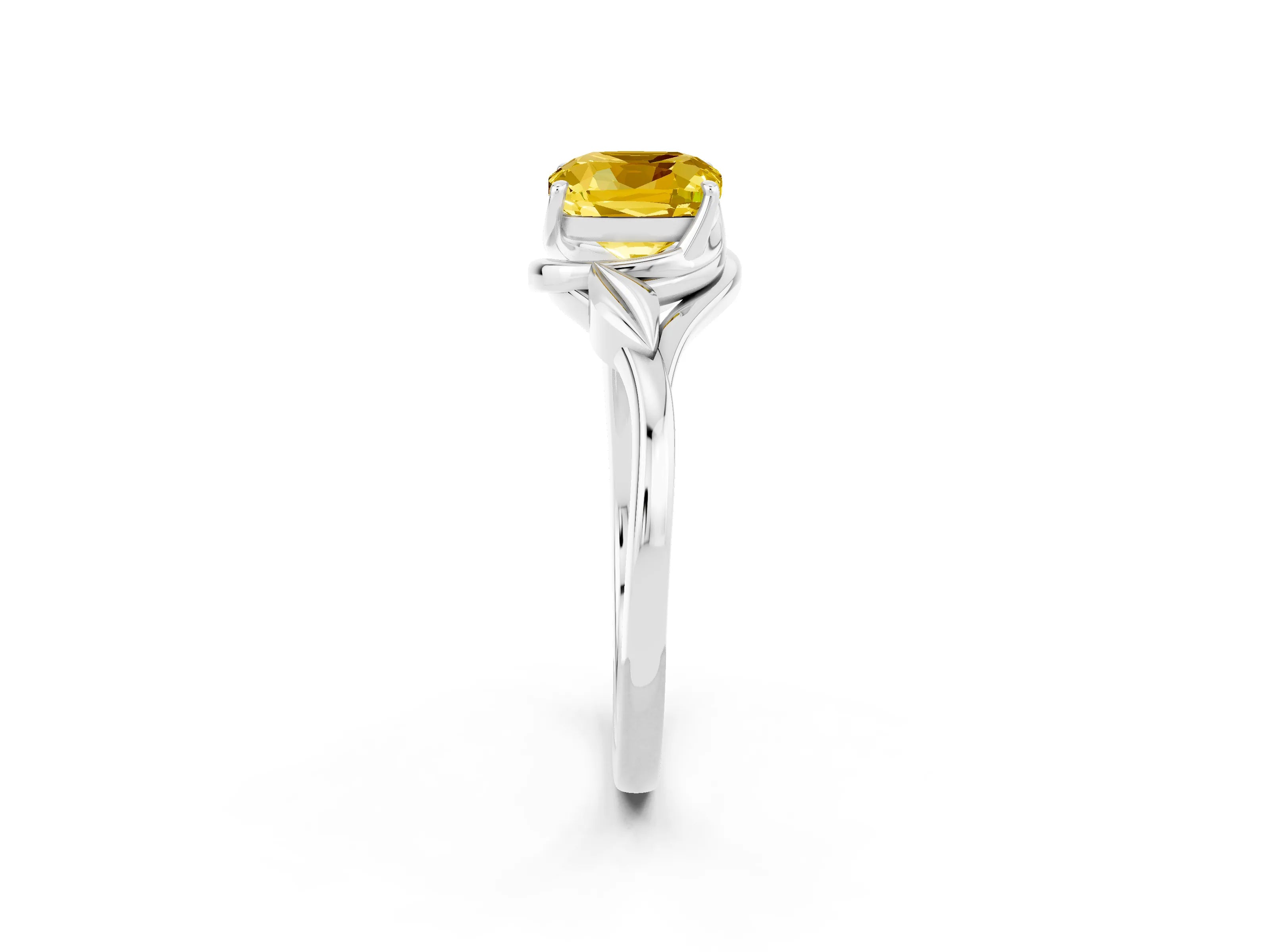 White gold Cushion Cut Yellow Sapphire Solitaire Ring with Twist Band and Four-Prong Setting_14
