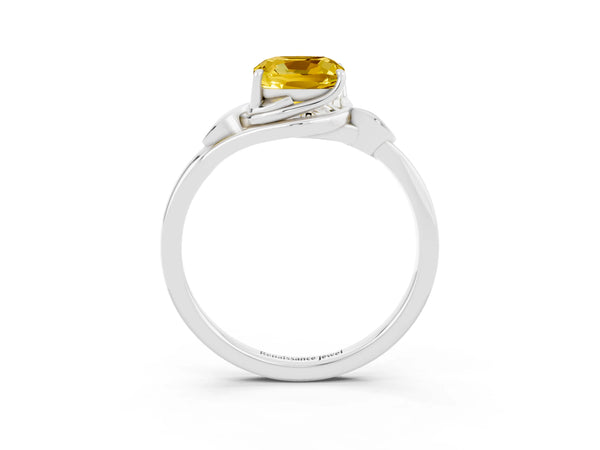 Platinum Cushion Cut Yellow Sapphire Solitaire Ring with Twist Band and Four-Prong Setting