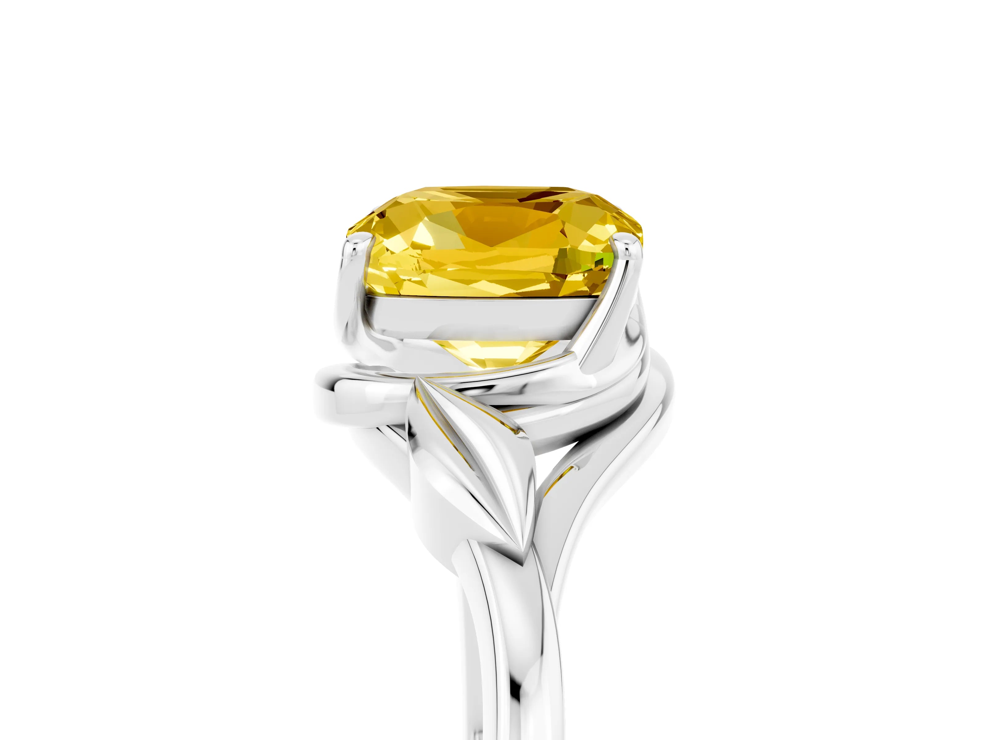 White gold Cushion Cut Yellow Sapphire Solitaire Ring with Twist Band and Four-Prong Setting_17