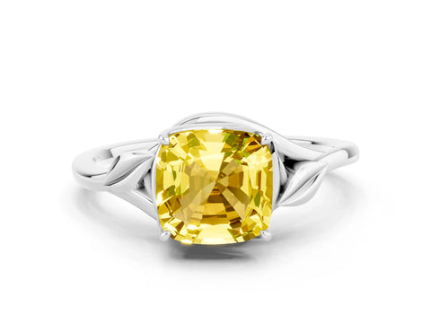 White gold Cushion Cut Yellow Sapphire Solitaire Ring with Twist Band and Four-Prong Setting_36