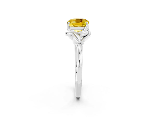 White gold Cushion Cut Yellow Sapphire Solitaire Ring with Twist Band and Four-Prong Setting