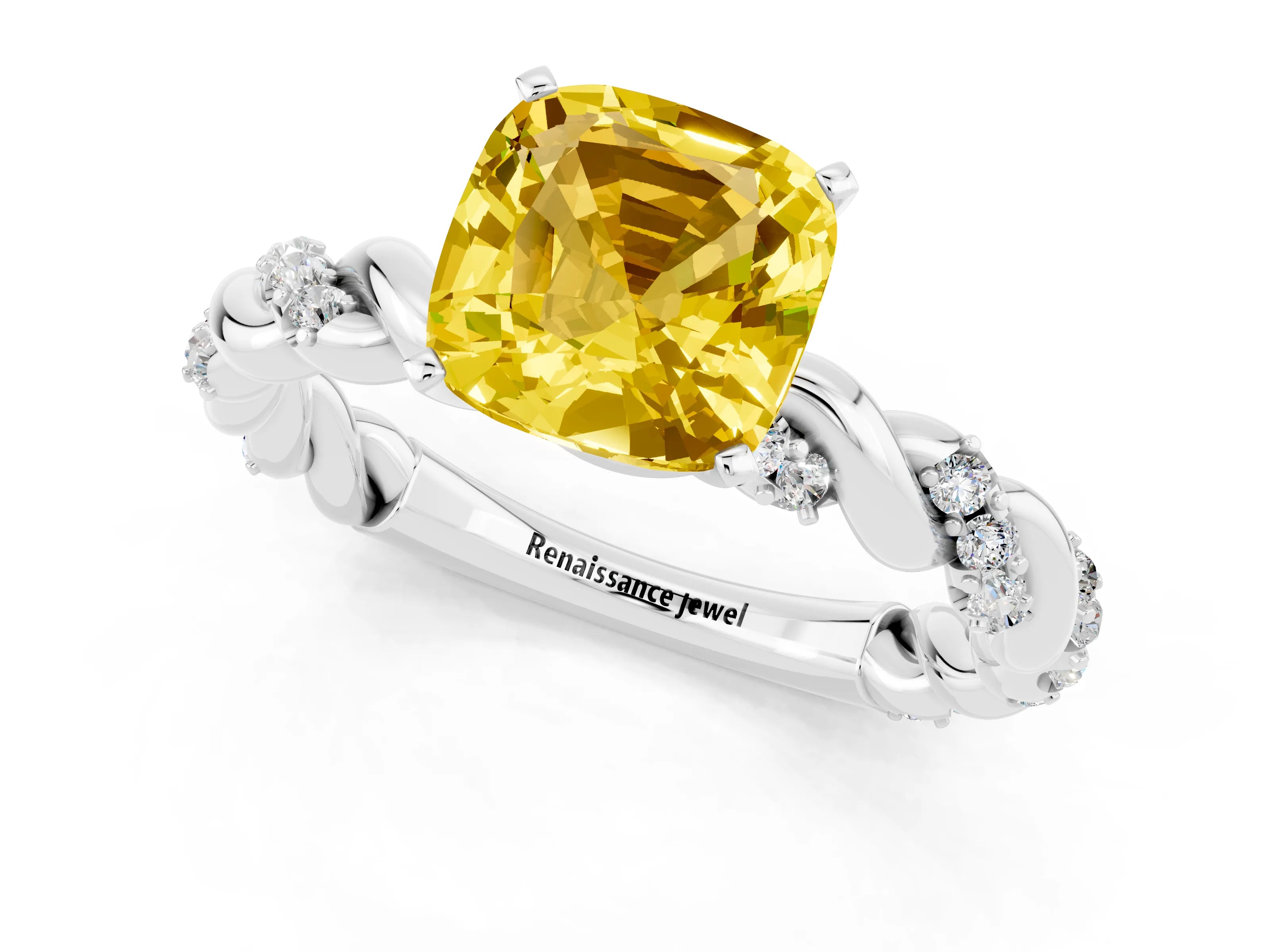 White gold Cushion Cut Yellow Sapphire Solitaire Ring with Twisted Band and Pavé Accents_1