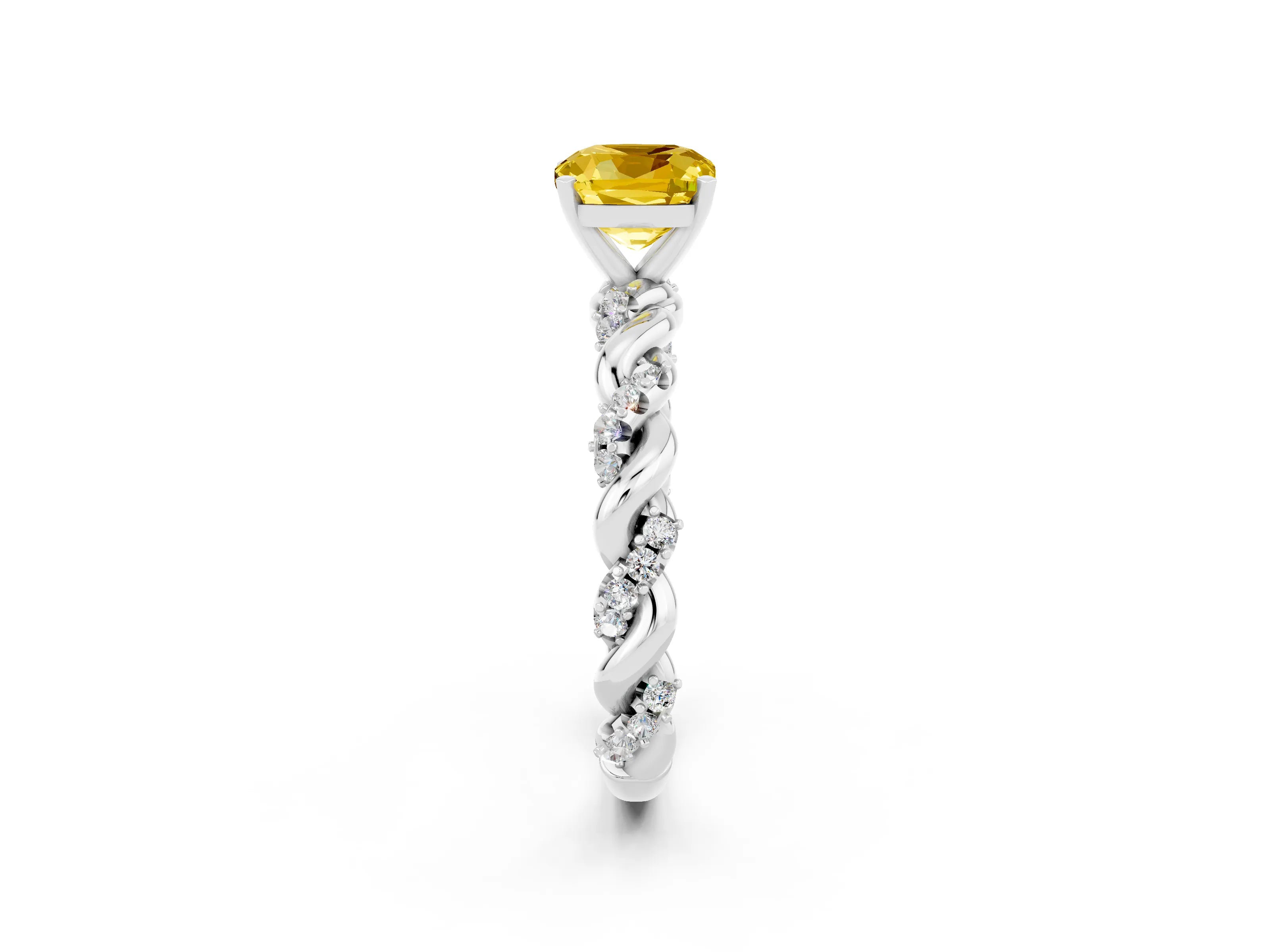 White gold Cushion Cut Yellow Sapphire Solitaire Ring with Twisted Band and Pavé Accents_2