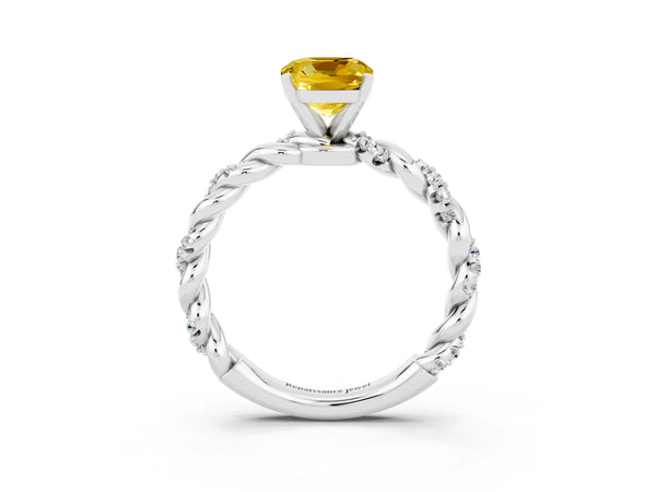 Platinum Cushion Cut Yellow Sapphire Solitaire Ring with Twisted Band and Pavé Accents