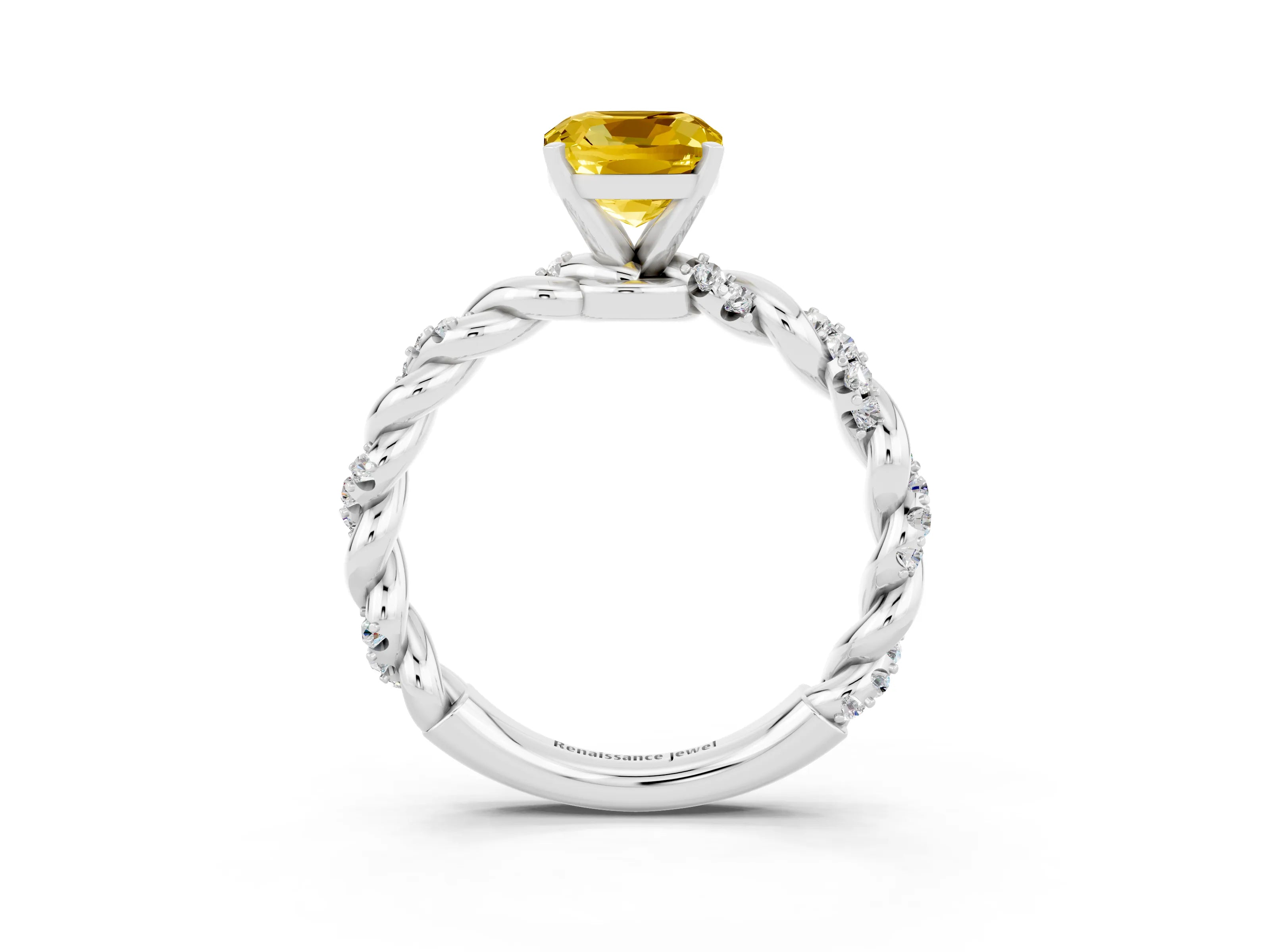 White gold Cushion Cut Yellow Sapphire Solitaire Ring with Twisted Band and Pavé Accents_3