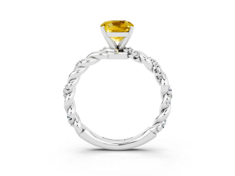 White gold Cushion Cut Yellow Sapphire Solitaire Ring with Twisted Band and Pavé Accents_3