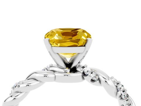White gold Cushion Cut Yellow Sapphire Solitaire Ring with Twisted Band and Pavé Accents_4