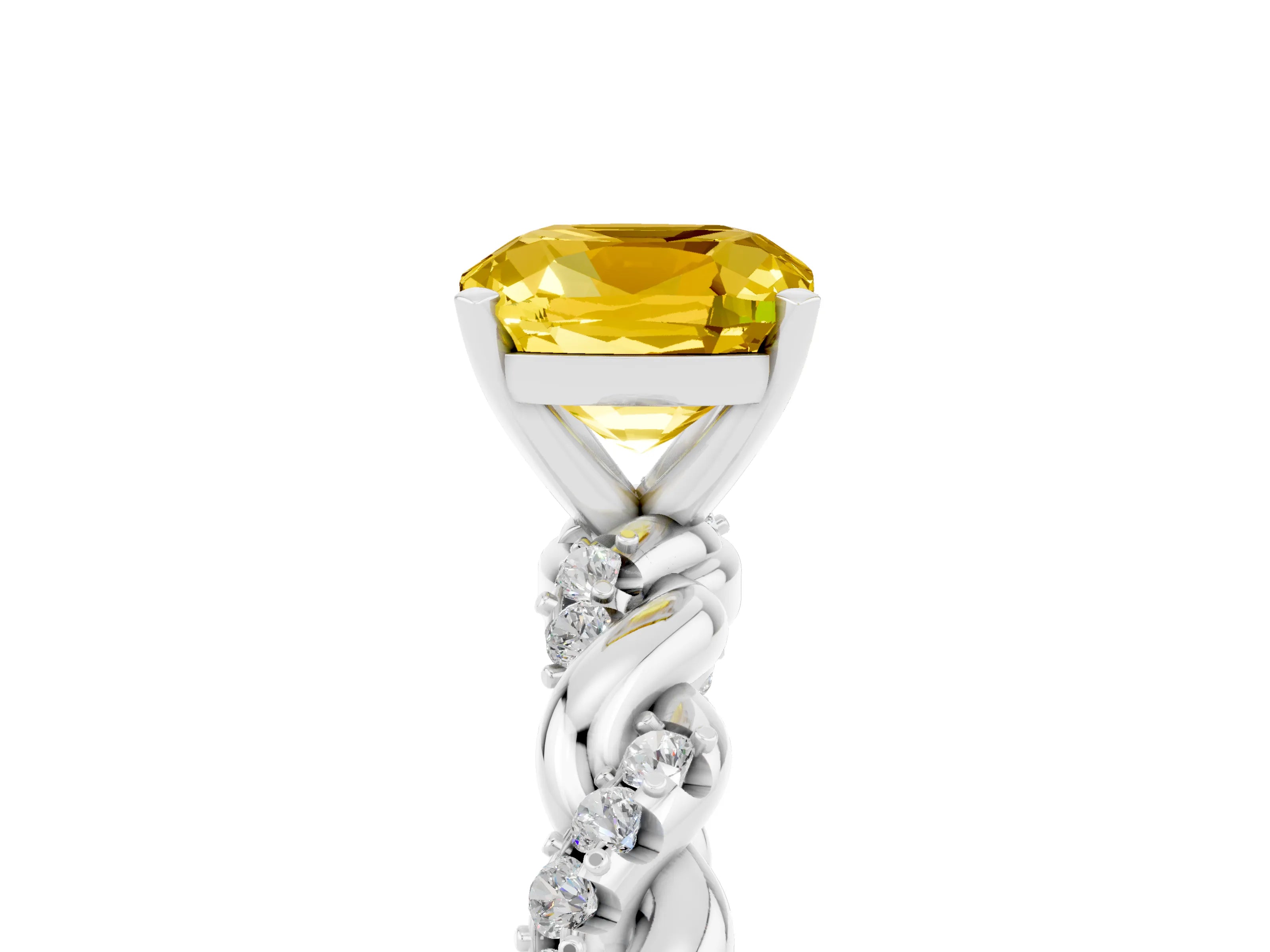 White gold Cushion Cut Yellow Sapphire Solitaire Ring with Twisted Band and Pavé Accents_5