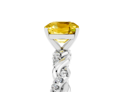 White gold Cushion Cut Yellow Sapphire Solitaire Ring with Twisted Band and Pavé Accents_5