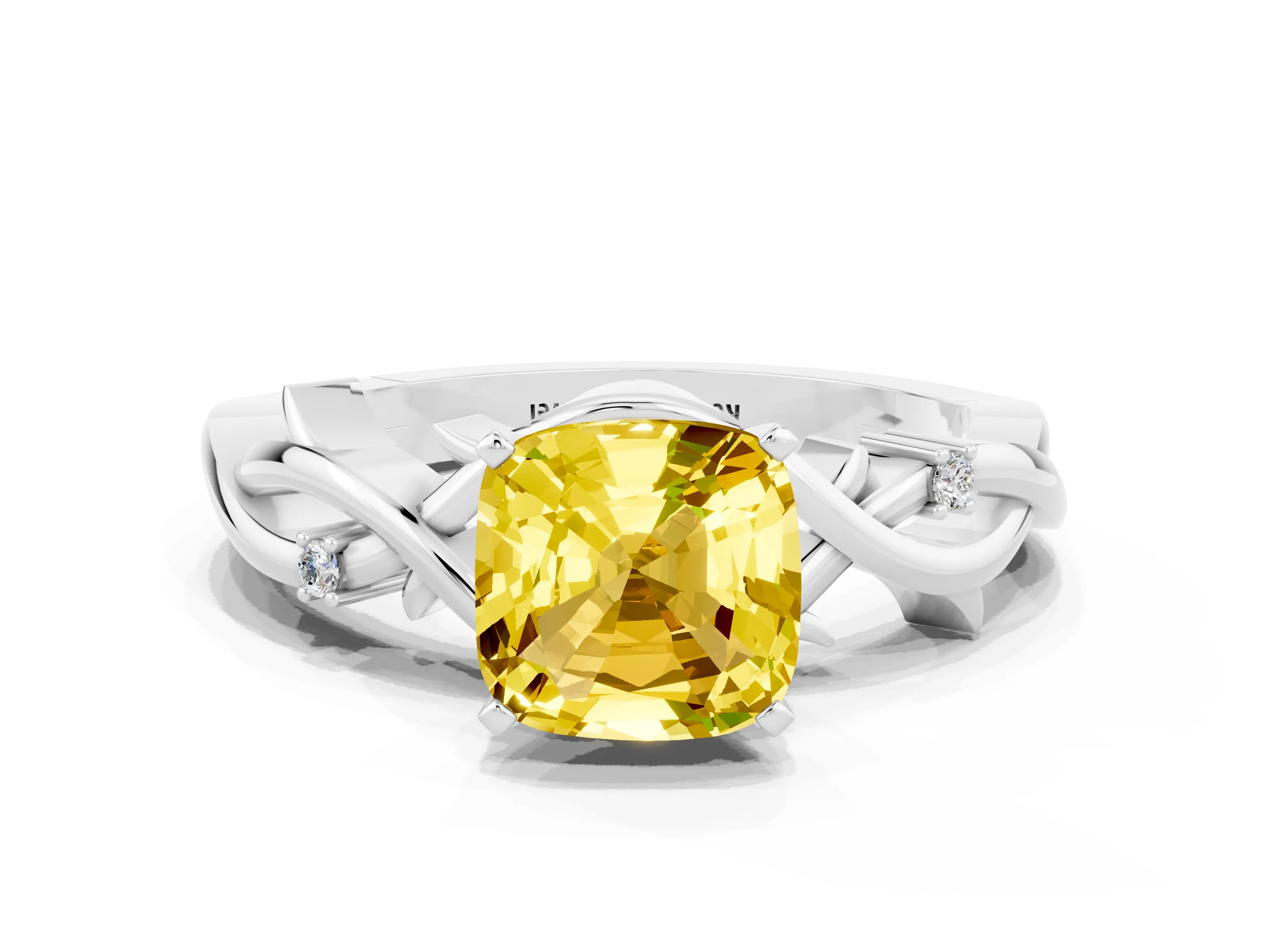 White gold Cushion Cut Yellow Sapphire Solitaire Ring with Twisted Band and Prong Setting_12