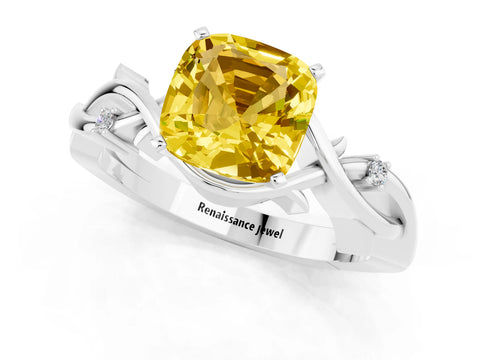 White gold Cushion Cut Yellow Sapphire Solitaire Ring with Twisted Band and Prong Setting_13