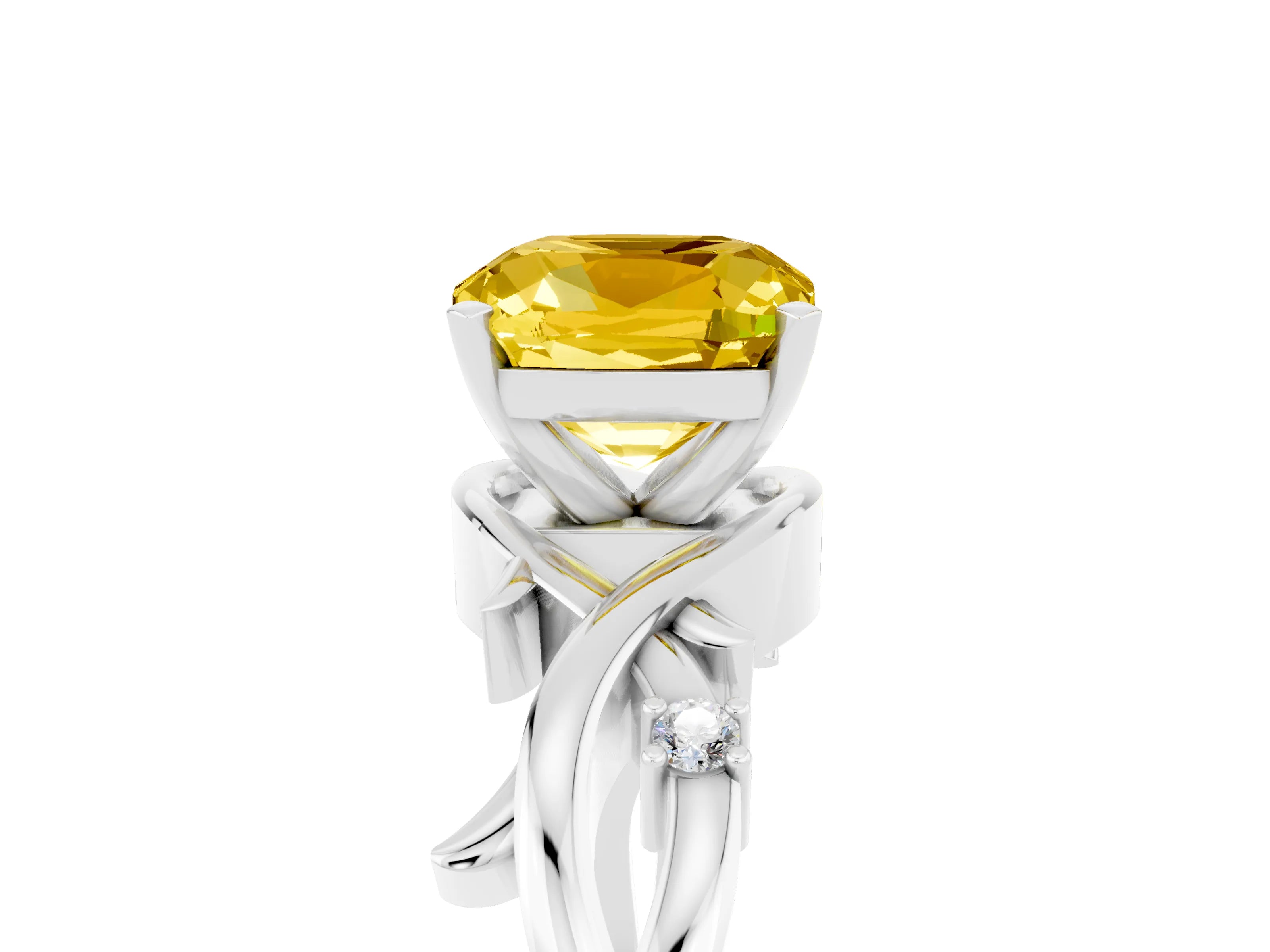 White gold Cushion Cut Yellow Sapphire Solitaire Ring with Twisted Band and Prong Setting_17