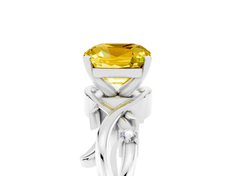 White gold Cushion Cut Yellow Sapphire Solitaire Ring with Twisted Band and Prong Setting_17
