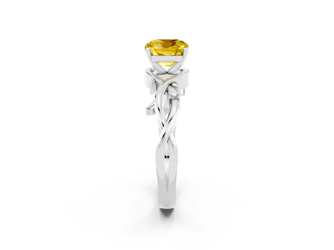White gold Cushion Cut Yellow Sapphire Solitaire Ring with Twisted Band and Prong Setting_2