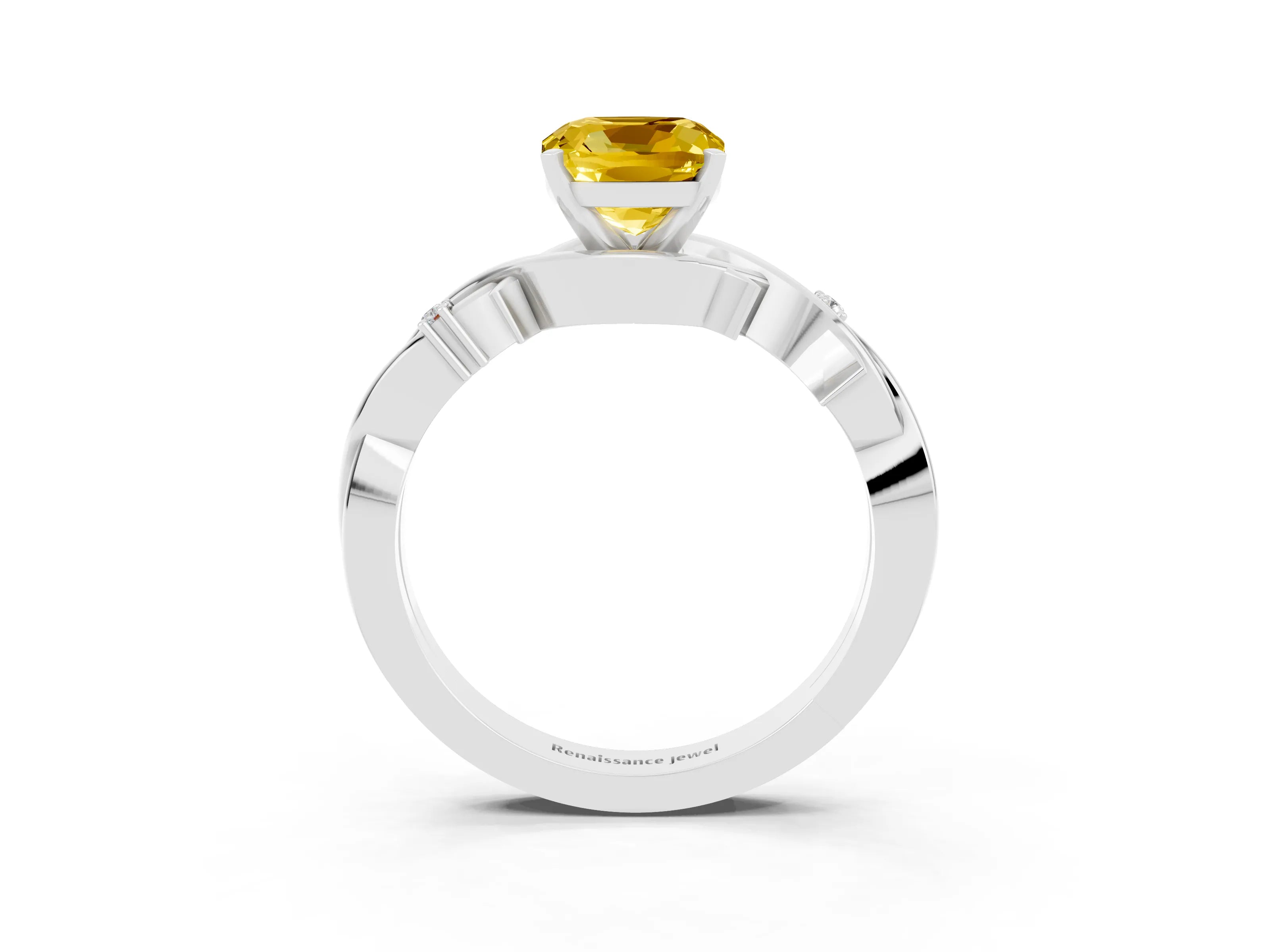 White gold Cushion Cut Yellow Sapphire Solitaire Ring with Twisted Band and Prong Setting_3