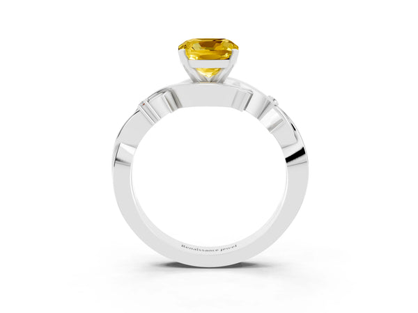 Platinum Cushion Cut Yellow Sapphire Solitaire Ring with Twisted Band and Prong Setting