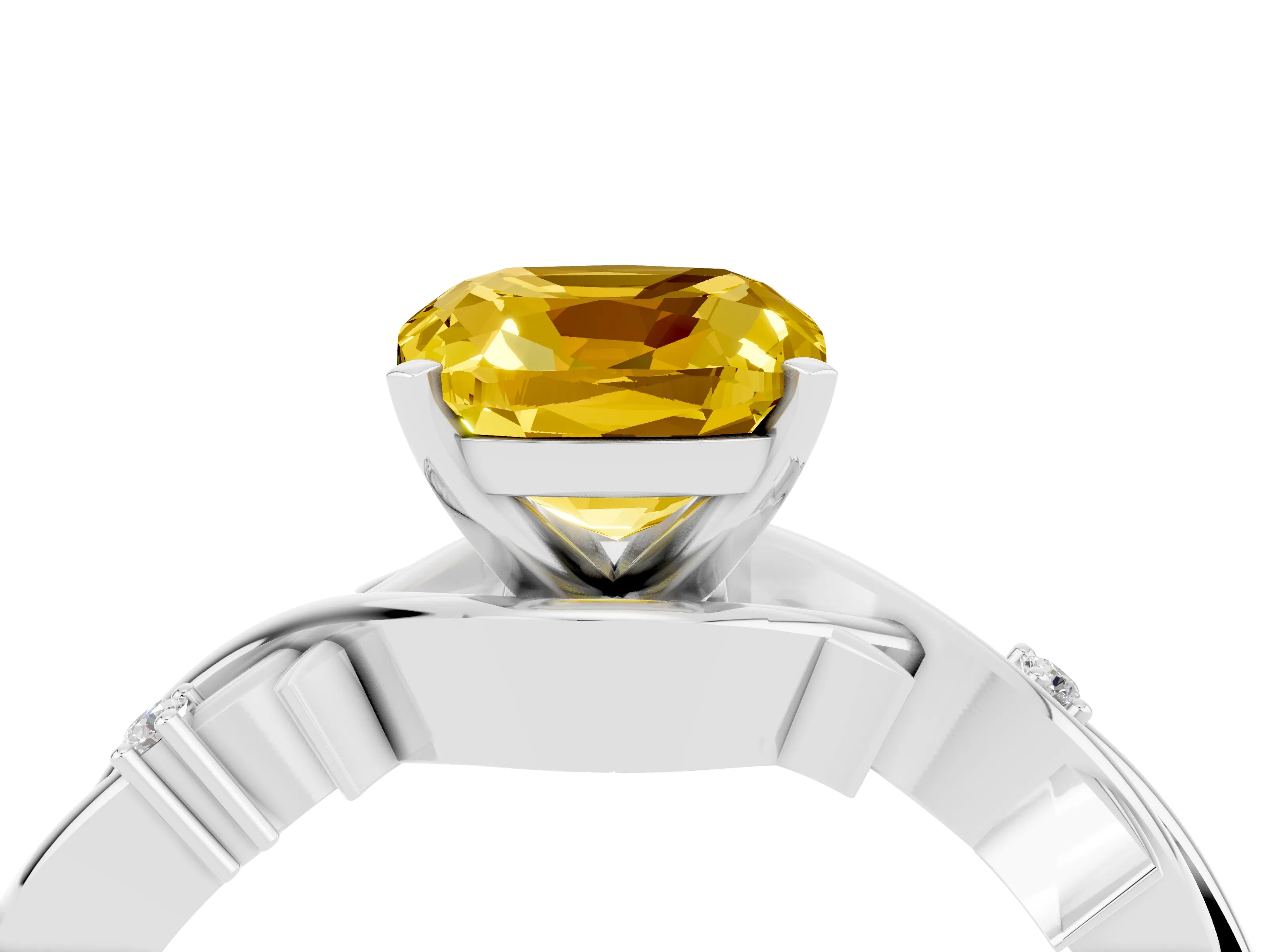 White gold Cushion Cut Yellow Sapphire Solitaire Ring with Twisted Band and Prong Setting_4