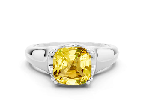 White gold Cushion Cut Yellow Sapphire Solitaire Ring with Wide Band and Prong Setting_24