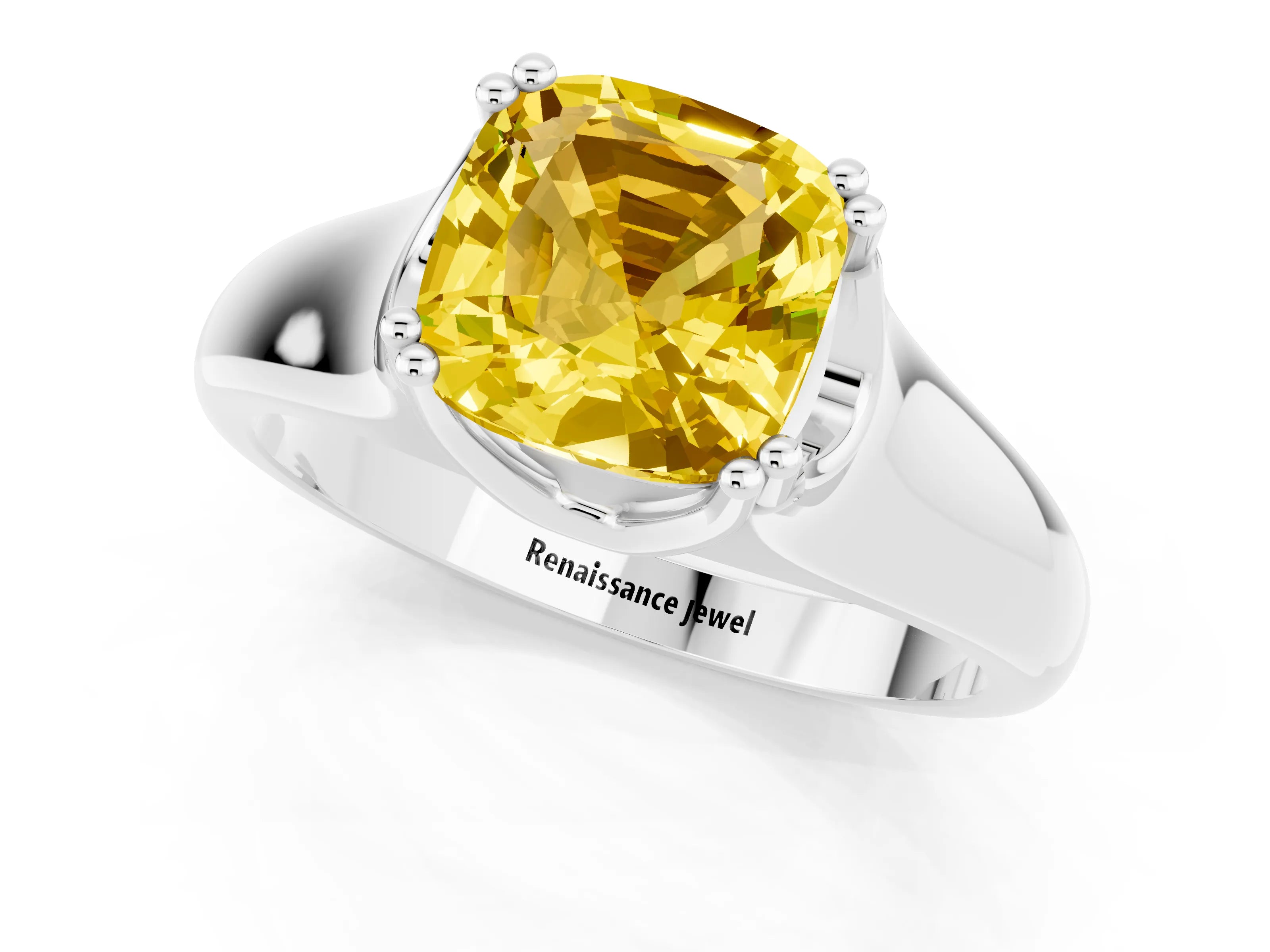 White gold Cushion Cut Yellow Sapphire Solitaire Ring with Wide Band and Prong Setting_25