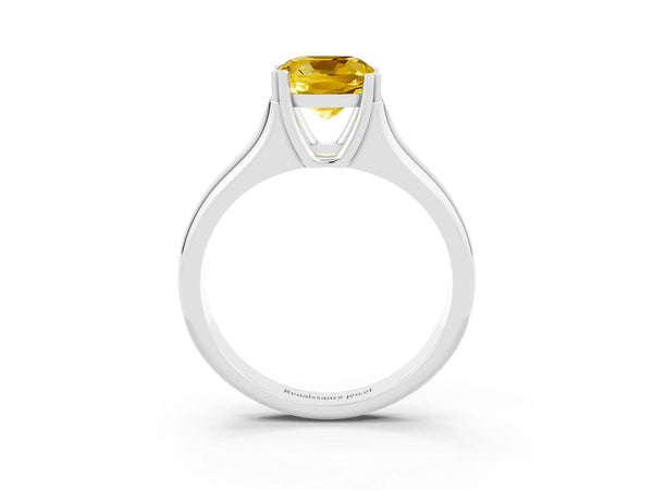 White gold Cushion Cut Yellow Sapphire Solitaire Ring with Wide Band and Prong Setting