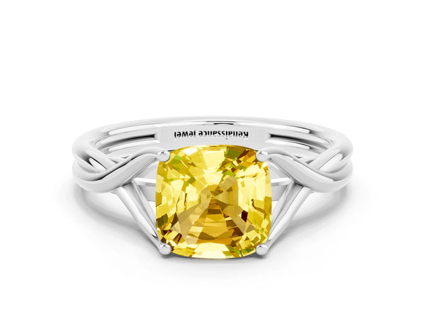 Silver Cushion Cut Yellow Sapphire Solitaire Twist Band Prong Setting Ring