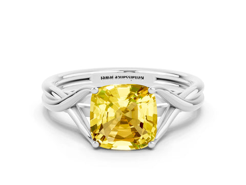 White gold Cushion Cut Yellow Sapphire Solitaire Twist Band Prong Setting Ring_96