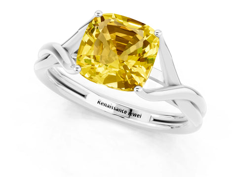 White gold Cushion Cut Yellow Sapphire Solitaire Twist Band Prong Setting Ring_97