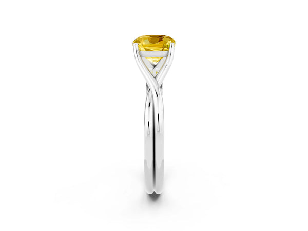 White gold Cushion Cut Yellow Sapphire Solitaire Twist Band Prong Setting Ring