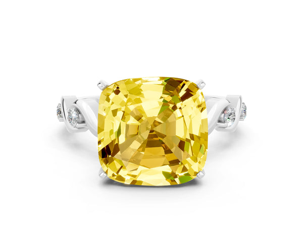 Silver Cushion Cut Yellow Sapphire Solitaire Twisted Band with Round  Accents and Prong Setting