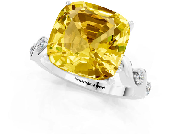 Platinum Cushion Cut Yellow Sapphire Solitaire Twisted Band with Round  Accents and Prong Setting