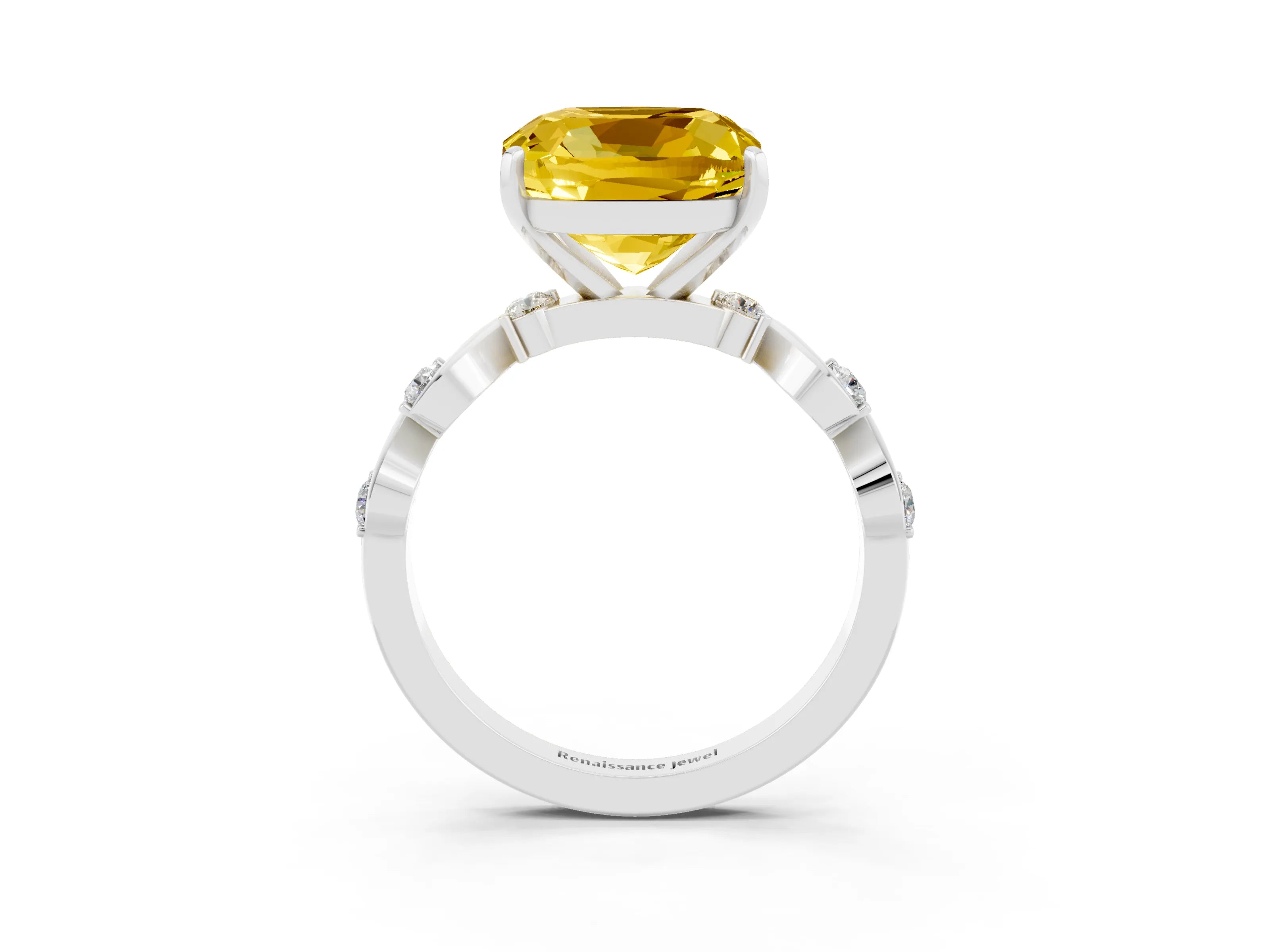 White gold Cushion Cut Yellow Sapphire Solitaire Twisted Band with Round  Accents and Prong Setting_15