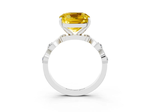 White gold Cushion Cut Yellow Sapphire Solitaire Twisted Band with Round  Accents and Prong Setting