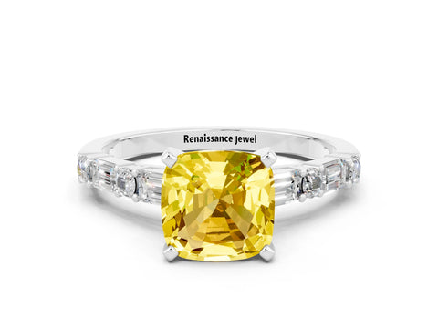 White gold Cushion Cut Yellow Sapphire Solitaire with Side Baguettes and Channel Set Band_24