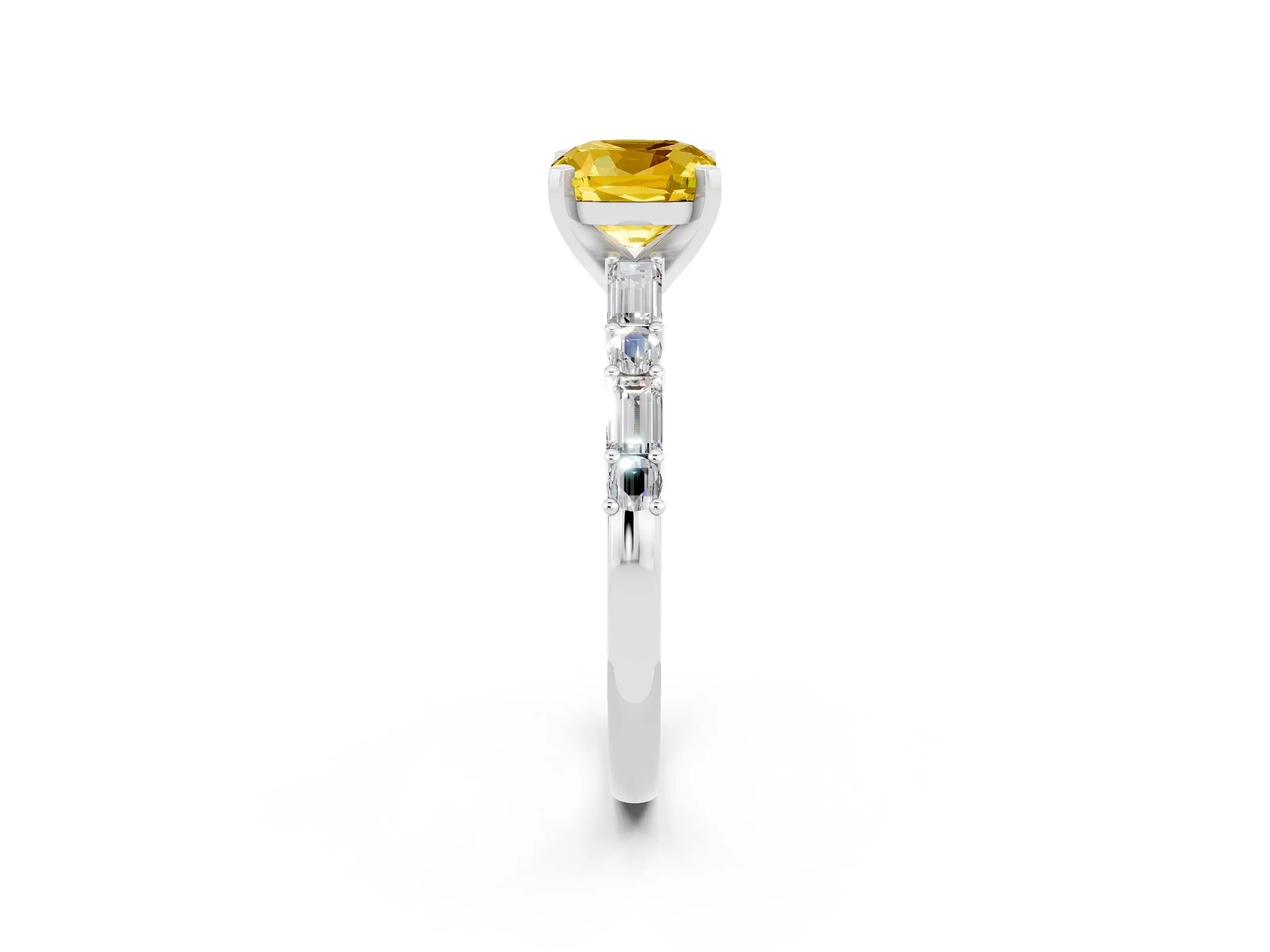 White gold Cushion Cut Yellow Sapphire Solitaire with Side Baguettes and Channel Set Band_26