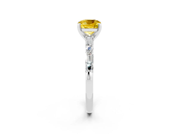 White gold Cushion Cut Yellow Sapphire Solitaire with Side Baguettes and Channel Set Band