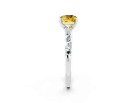 White gold Cushion Cut Yellow Sapphire Solitaire with Side Baguettes and Channel Set Band_26