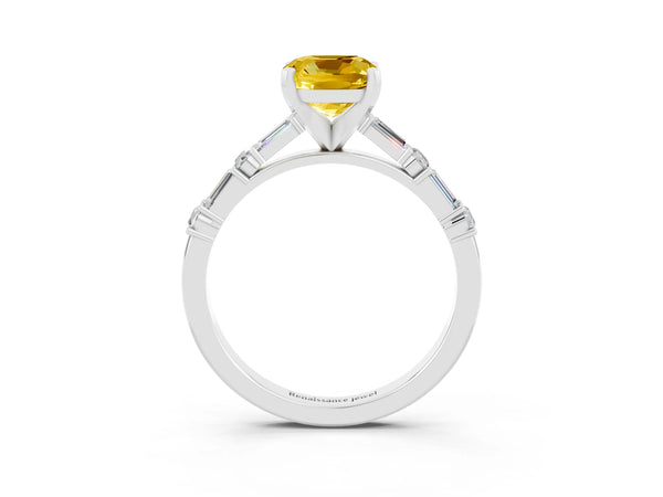 Platinum Cushion Cut Yellow Sapphire Solitaire with Side Baguettes and Channel Set Band