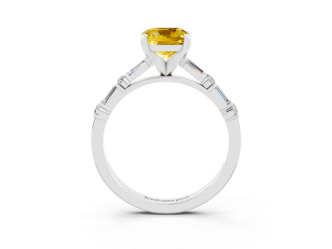 White gold Cushion Cut Yellow Sapphire Solitaire with Side Baguettes and Channel Set Band_27