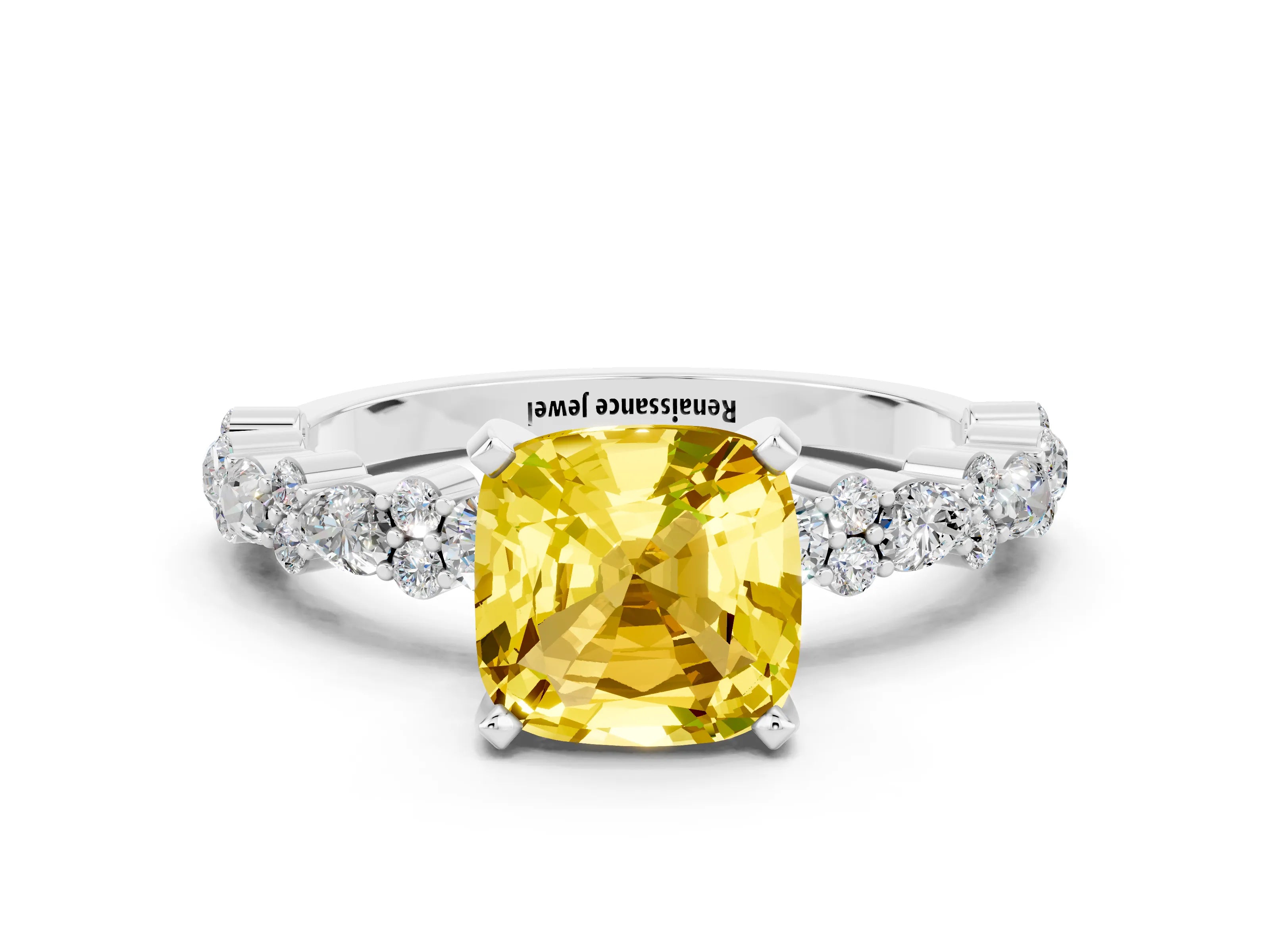 White gold Cushion Cut Yellow Sapphire Solitaire with Side Stones, Pave Band, Four-Prong Setting_60