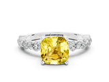 White gold Cushion Cut Yellow Sapphire Solitaire with Side Stones, Pave Band, Four-Prong Setting_60