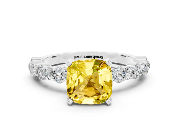 White gold Cushion Cut Yellow Sapphire Side Stone Solitaire Ring with Round  and Four-Prong Setting