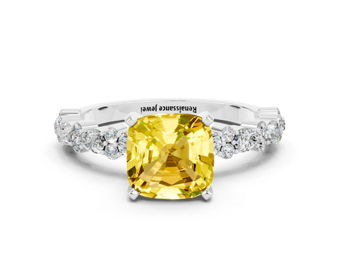 White gold Cushion Cut Yellow Sapphire Solitaire with Side Stones, Pave Band, Four-Prong Setting_60