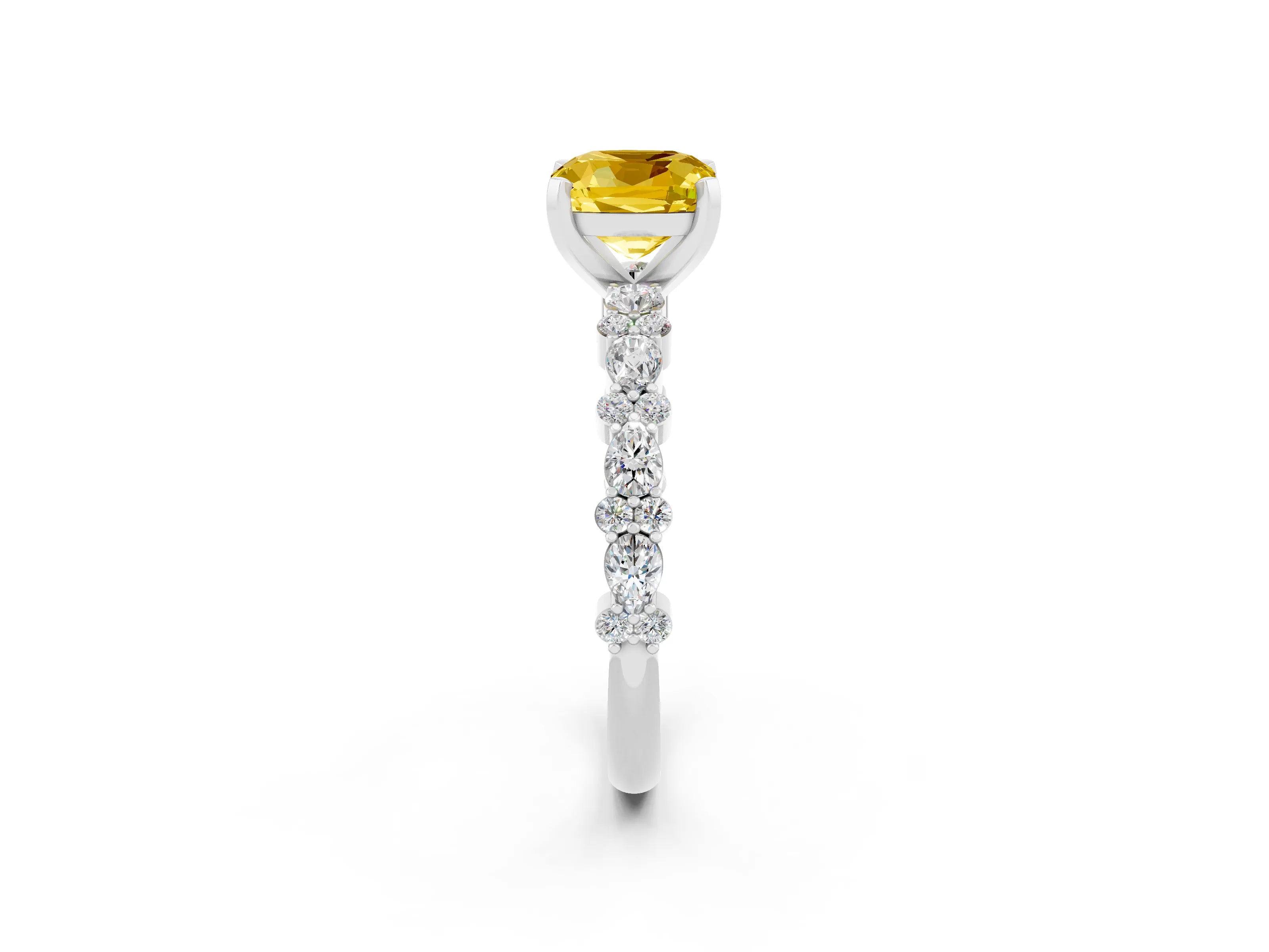 White gold Cushion Cut Yellow Sapphire Solitaire with Side Stones, Pave Band, Four-Prong Setting_62