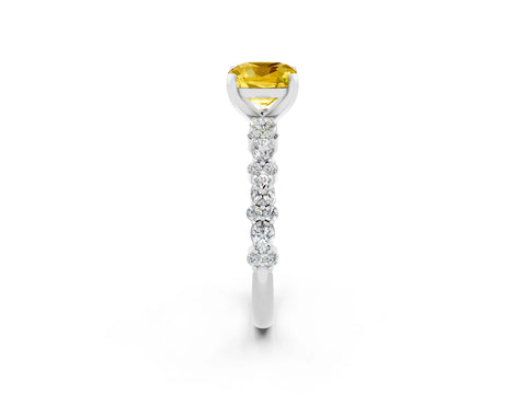 White gold Cushion Cut Yellow Sapphire Solitaire with Side Stones, Pave Band, Four-Prong Setting_62