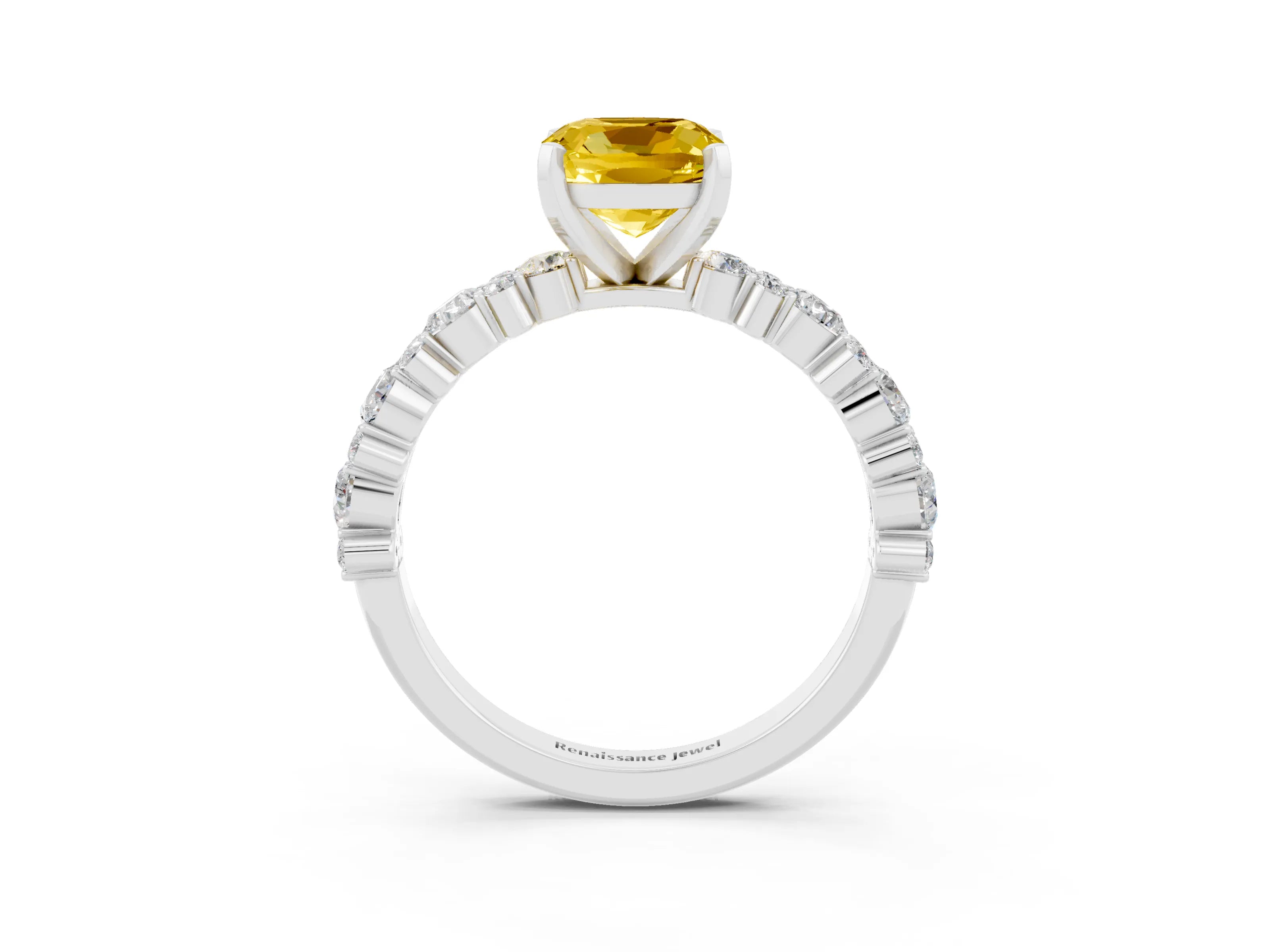 White gold Cushion Cut Yellow Sapphire Solitaire with Side Stones, Pave Band, Four-Prong Setting_63