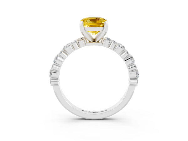 Silver Cushion Cut Yellow Sapphire Side Stone Solitaire Ring with Round  and Four-Prong Setting