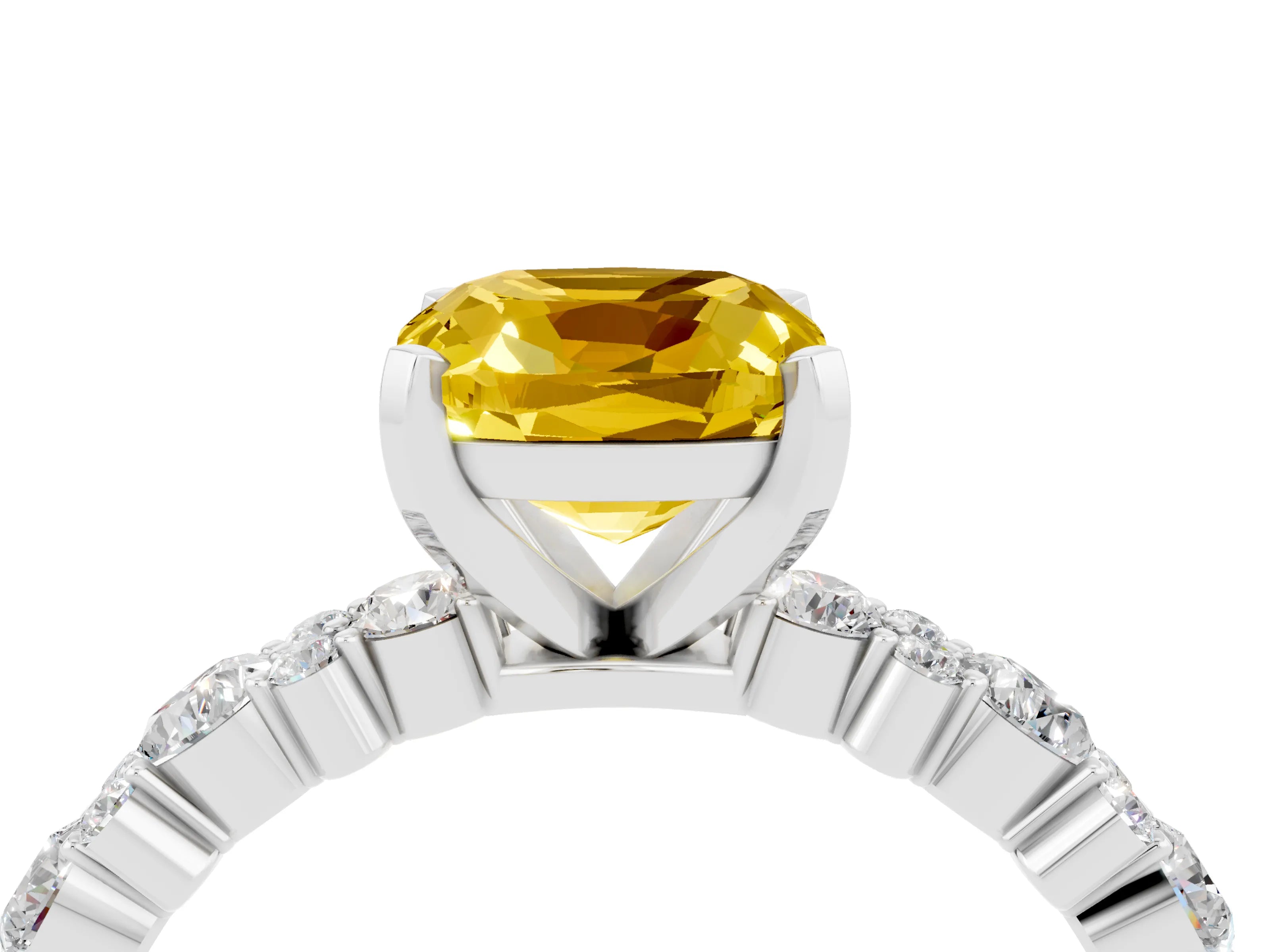 White gold Cushion Cut Yellow Sapphire Solitaire with Side Stones, Pave Band, Four-Prong Setting_64