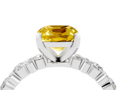 White gold Cushion Cut Yellow Sapphire Solitaire with Side Stones, Pave Band, Four-Prong Setting_64