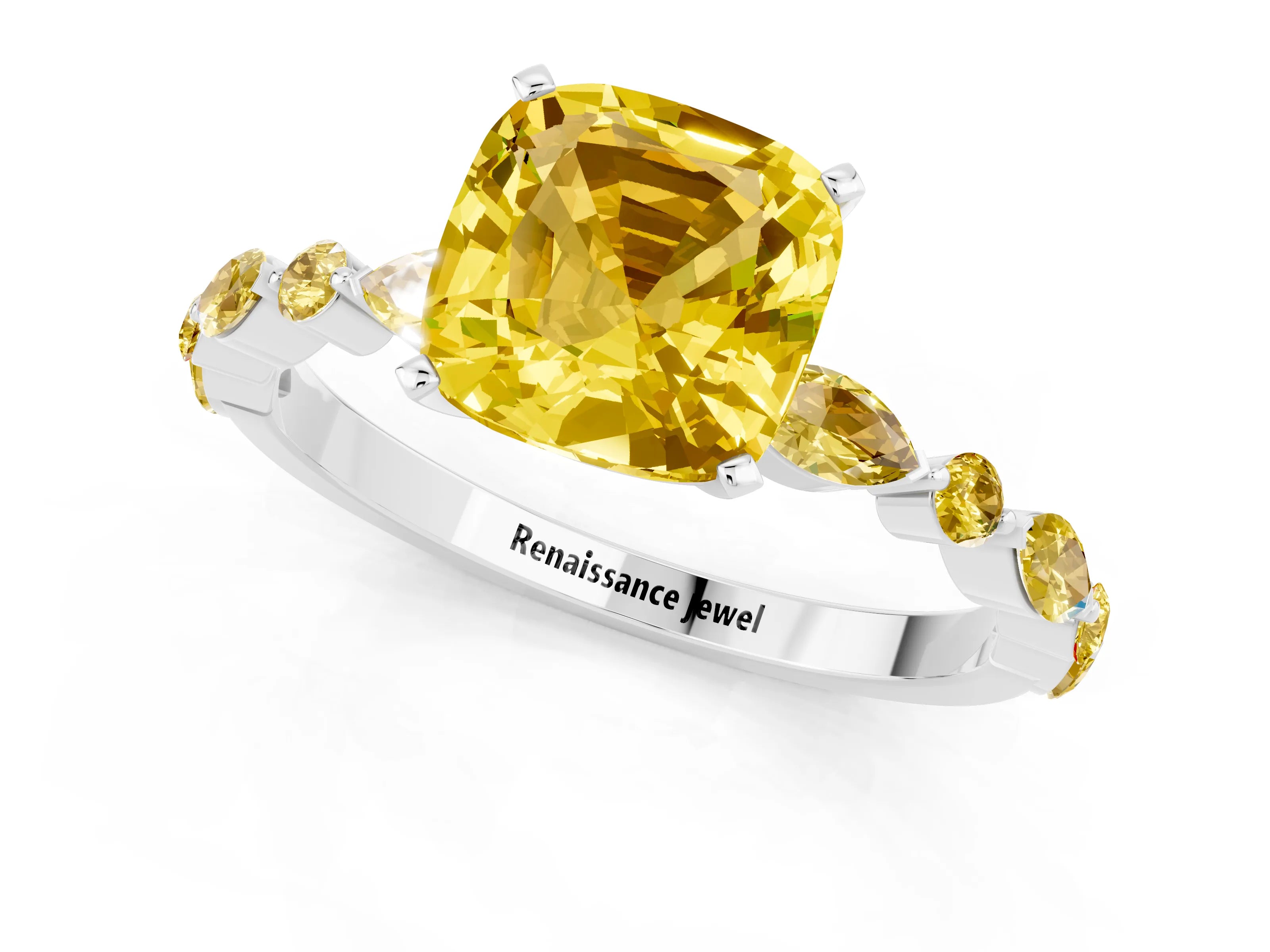 White gold Cushion Cut Yellow Sapphire Solitaire with Side Stones on a Pavé Band and Four-Prong Setting_1